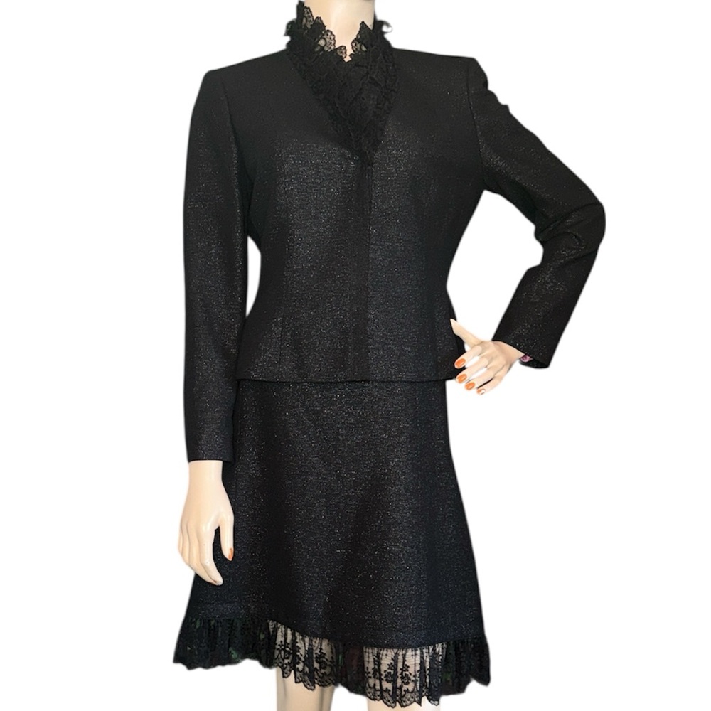 Black Silver Tweed & Lace Skirt Suit 8P - Picture 3 of 17